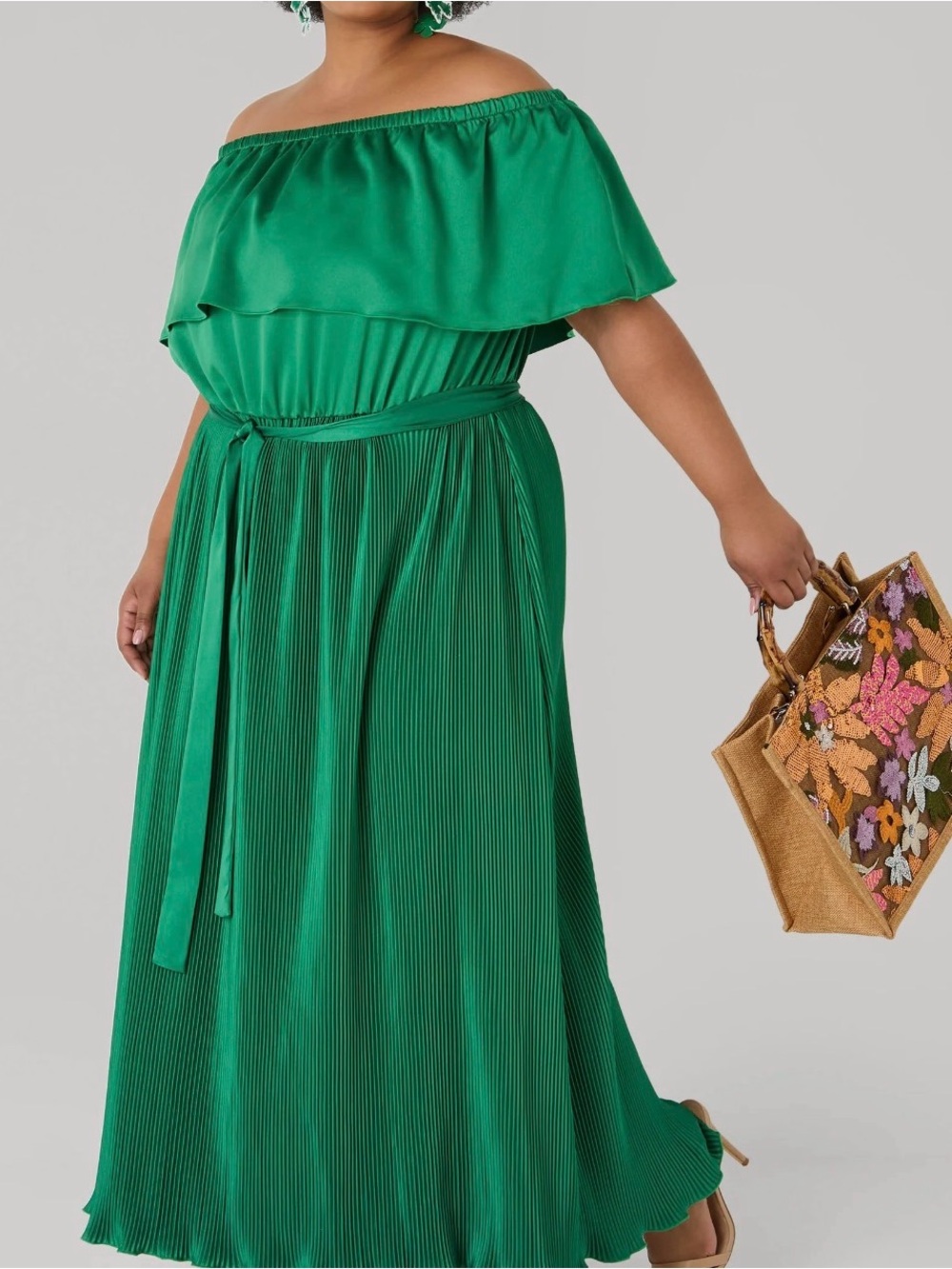 Ashley Stewart Green Off-Shoulder Pleated Maxi Dress